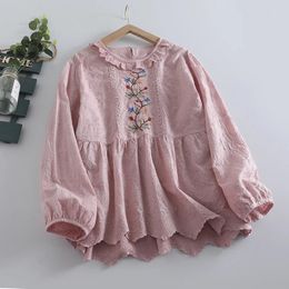 Women's T Shirts 2024 Spring Mori Gril Lace Round Neck Embroidery Long Sleeve Doll Shirt