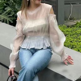 Women's Blouses Elegant Hollow Out Off Shoulder Long Sleeve Chiffon Blouse Shirts Spring Summer O-neck Top Fashion Casual Pleated Blusas