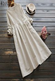 Zanzea Dress Women Long Shirt Dresses Long Sleeve Embroidery Mandarin Collar Vestido Womens Vintage Solid Cotton Robe Plus Size Y16404374