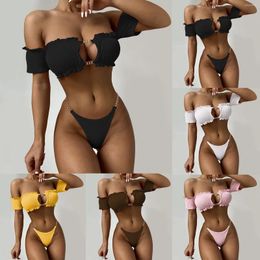 Women's Swimwear Bathing Bikini Ruffle Metal Chain High Cut Ribbed Set Bikinis Suits Bandeau Vintage Hawaii Swiming