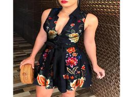 2020 Fashion Print Band Dress for Women Summer Dress Sexy Casual Peacock Floral Print Tie Waist Sleeveless Shirt Short Dresses1056111