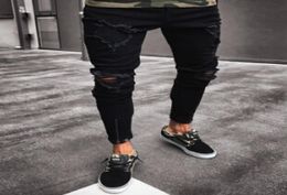 Black Pants for Men Hip Hop Rock Holes Ripped Jeans Biker Slim Fit Zipper Jean Distressed Pants4066142