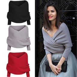Women Sweater Autumn Winter Warm Sexy V Neck Wrap Chunky Knitted Sweaters Off Shoulder Long Sleeve Female Loose Oversize Scarf2655650