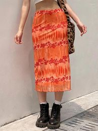Skirts Fashion Summer Women Boho Beach Casual Style Female High Waist Floral Printing Orange Midi Skirt Party Holiday Clothing