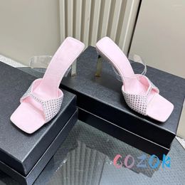 Slippers Luxury Pink Suede Crystal Inlaid Triangle Heel Dress Shoes Leather Thin Belt High Summer Women Large Size Mules