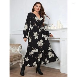 Casual Dresses Women Fall Dress Fashion Retro Women's Long Sleeve Loose Plus Size Pullover Lace Up Black Elegant Party Maxi