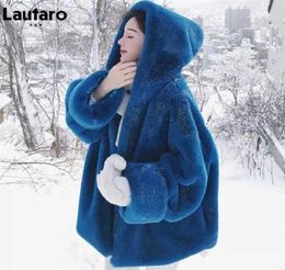 Lautaro Winter Oversized Warm Blue Soft Faux Fur Coat Women with Hood Long Sleeve Zipper Fluffy Jacket Loose Korean Fashion 2112184411464