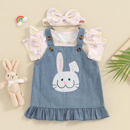 Clothing Sets Baby Girl Easter 3Pcs Outfit Print Short Sleeve Romper With Denim Overall Dress And Bow Headband