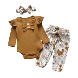 Clothing Sets Cute Born Infant Girls Baby Clothes Set Knitted Ruffle Trim Romper Bodysuit Top And Floral Pants Bow Headband 3PCS Outfit