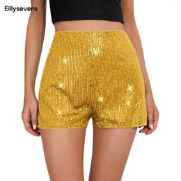 Women's Shorts Women Sequins Summer Clothes Mid Waist Elastic Band Sparkly Glitter Straight Leg Sexy Club Streetwear 2024