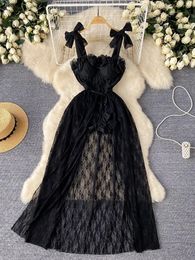 Work Dresses Foamlina Women Sexy Black Bow Tied Spaghetti Strap Sleeveless Ruched Ruffles Skinny Bodysuits And Floral Lace Long Skirt Suits