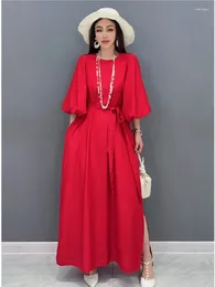 Party Dresses QING MO Red 2024 Summer Women Solid Color O-neck Puff Sleeve Lace-up Dress Fashion Elegant Loose Split ZXY228