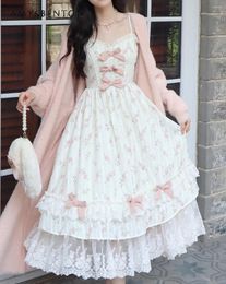 Casual Dresses French Elegant Princess Dress Sweet Girl Cute Bow Print Long Sling Fairy Style Ruffled Lace Embroidered For Women