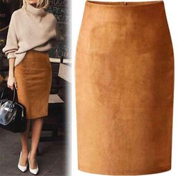 Sexy Multi Colour Suede Midi Pencil Skirt Women Fashion Elastic High Waist Office Lady Bodycon Skirts Saias 2106072657872