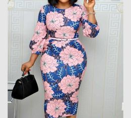 Women Bodycon Printed Dress Three Quarter Sleeves Midi Office Ladies Work Wear Elegant Classy Vestidos African Female Plus Size7433944