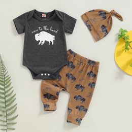 Clothing Sets Baby Boys Summer Outfits Letter Cow Print Crew Neck Short Sleeve Rompers Long Pants Hat 3Pcs Clothes Set