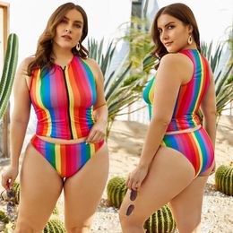 Women's Swimwear Women Sexy Split Striped Swimsuit Colorful Stripes Plus Size Conservative Surfing Sun Protection