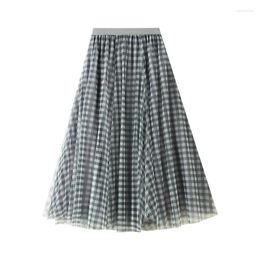 Skirts Retro Plaid Mesh Skirt Large Hem High Waist Crotch Covering Medium Length Elastic Summer