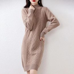 Casual Dresses 2024 Autumn And Winter Merino Wool Sweater Dress Women's Thickened Half-Turtle Collar Cable Mid-Length Pullover Top