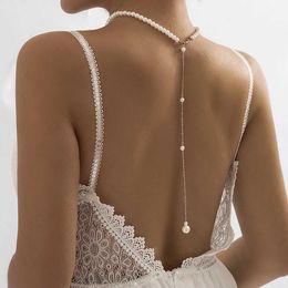 Collane a sospensione Elegante collana di perla simulata vintage adatto per catene lunghe da donna Naperone Pendenti gioielli da sposa Catene toraciche bikini J240516