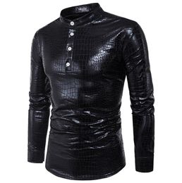 Helisopus fashion punk men039s shirts elastic Metallic Shiny Shirt long sleeve Slim Fit MotoBiker style PVC Leather shirts men5419737