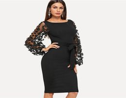 Fashion Solid Women Dresses 2019 Black Party Elegant Womens Dresses Flower Applique Mesh Sleeve Dress Woman Sashes Slim Vestidos1501640