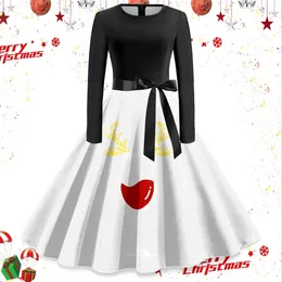 Casual Dresses Women Christmas 2024 Lace Up Belt Black Long Sleeve Print Santa Wine Cup Big Swing Hem Holiday Prom Dress Snowflake