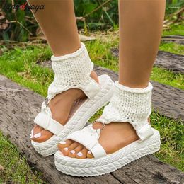 Dress Shoes Women Fashion Sexy Open Toe Beach Sandals Summer Solid Color Braided Knit O-Ring Cutout Platform Soft