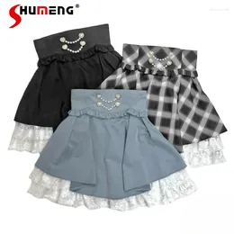 Skirts Japanese Lolita Style SC Mini Vintage Pearl Chain Mine Series Mass-Produced Cheque Pattren All-Match Irregular Skirt