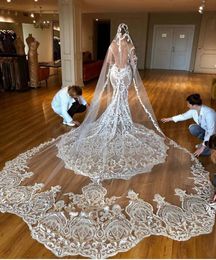 Gorgeous Wedding Veils One Layer Tulle Appliques Cathedral Length Lace White Ivory Bridal Veil Custom Made Veils4752848