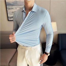 Men's Casual Shirts High Elasticity Seamless Striped Men Elegant Slim Fit Long Sleeve Formal Business Social Dress Shirt Clothing 4XL-M