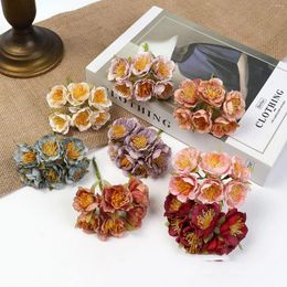 Decorative Flowers 6Pcs Silk Artificial Wedding Mini Rose Bouquet Wreath Scrapbooking For Home Christmas Decor Diy Holiday Accessories