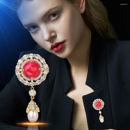 Brooches Elegant Brooch For Women Red Round Zircon Hanging Lapel Pins High Quality Jewelry Accessories Women's Gifts