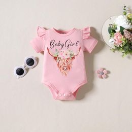 Clothing Sets Infant Baby Girls Summer 3Pcs Clothes Short Sleeve Letter Cattle Head Romper Flared Pants Headband For Casual