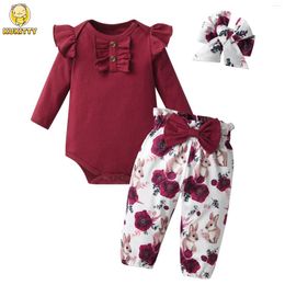 Clothing Sets Spring Autumn Born Infant Baby Girl Cute Clothes Set Long Sleeve Triangle Jumpsuit Top Floral Printed Pants Bow Headband