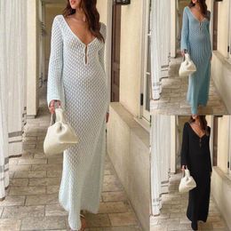 Women Swim Cover Up Autumn And Winter Beach Skirt Solid Colour Sexy Open Back Knitted Hollow Out Fishnet Swimwear