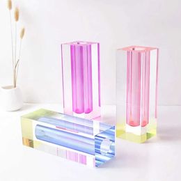 Vases Acrylic Crystal Rainbow Vase Modern Rainbow Pillar Bud Tabletop Luxury Decorative Flower Container Nordic Room Decoration J240515