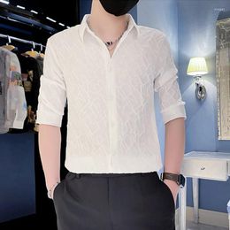 Men's Casual Shirts Summer Letter Jacquard Korean Clothes Fashion Half-sleeved Solid Men Trendy Lapel Slim Fit Shirt Streetwear