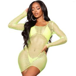 Casual Dresses Sexy Mesh See Through Backless Mini Dress Women Long Sleeve Beach Cover Ups 2024 Summer Night Club Y2K Clothes