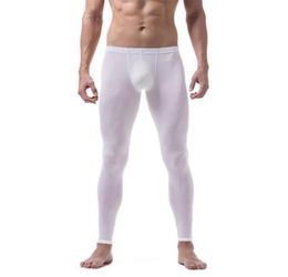 Men039s Thermal Underwear Ice Silk Trousers Men Sexy Nylon Transparent Long Skinfriendly Pouch Sheer Spandex Lounge Leggings T6517168