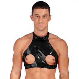 Bras Sets Mens Sexy Crop Top With Bust Open Wet Look Faux Leather Tank Tops Sleeveless Halter Neck Backless Erotic Bra