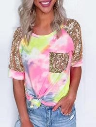 Fashion Tie Dye Sequins TShirt Women Tops Summer Short Sleeve ONeck TShirt Soft Milk Silk Tees Plus Size Female11386235