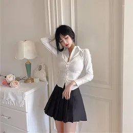 Women's Polos Sexy Slim Fit Basic White Shirt Waist Wrap Retro Cute Korean Style Long Sleeve School Uniform