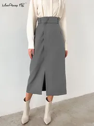 Skirts Wrap Elegant Women Gray Slit High Waist Office Ladies Midi Autumn Winter Casual Straight Black