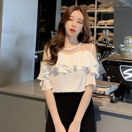 Women's Blouses Women Chiffon Shirt Elegant Ruffles Tulle Patchwork Off Shoulder Solid Female Blouse Summer All Match Chic Ladies Tops