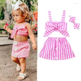 Clothing Sets 1-4years Baby Girls 3pcs Summer Set Sleeveless Stripe Bowknot Cropped Camisole Button Skirts Headband Kids Casual Outfits