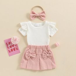 Clothing Sets Baby Girls 3Pcs Outfit Solid Color Short Sleeve Ribbed T-shirt With Corduroy Pleated Skirt Bow Headband Summer Outfits 3-24M