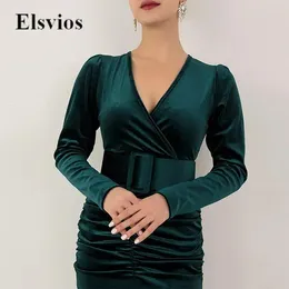 Casual Dresses Elegant Long Sleeve Women Party Dress Simple Fashion Slim Fit Draped Sexy V Neck Ladies Solid Velvet Belted