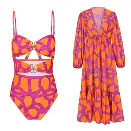 Women's Swimwear 2024 Push Up Bikini Set With Cover Two Piece Swimsuit Women Print Long Sleeve Brazilian Monokini Bathing Suit Skirt