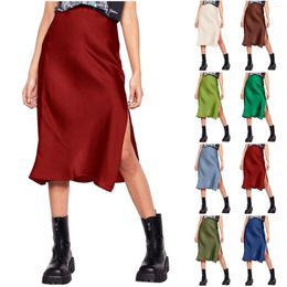 Skirts Elegant Women Silk Knee Length Skirt Bodycon Solid Color High Waisted Satin Faldas Spring Fall Side Slit Vertical Wrapped